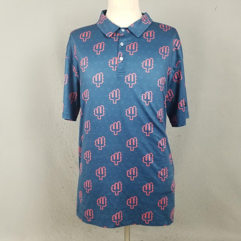 Yatta Golf Polo Shirt Mens 2XL Blue Cactus Print Performance Stretch Golf